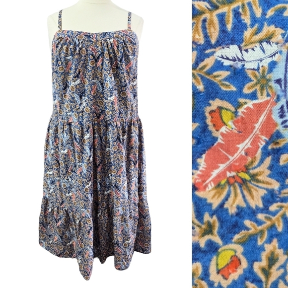 Knox Rose Blue Floral Swiss Dot Sleeveless Tiered Midi Dress Boho Colorful - Picture 1 of 8